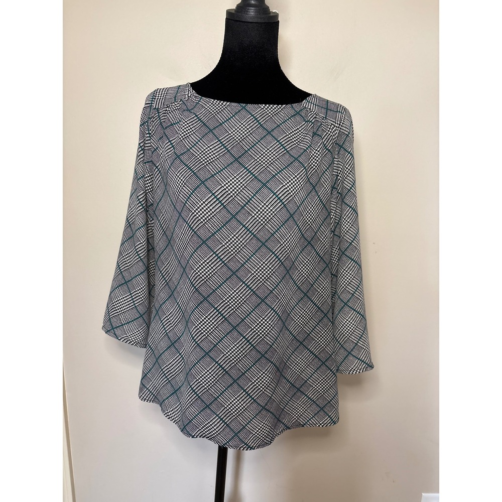 The Limited Women Small Glen Plaid Teal Windowpane 3/4 Sleeve Blouse Career Top